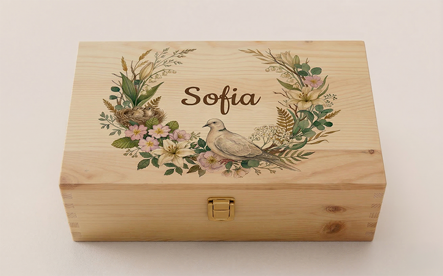 Scatola dei ricordi dipinta a tema primaverile, personalizzata, su legno di pino naturale.