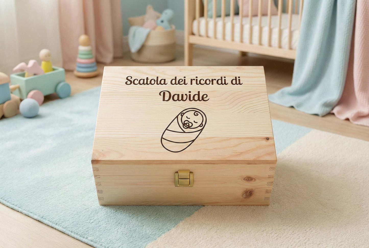 Scatola dei ricordi in legno personalizzata con nome Davide e incisione laser di un neonato fasciato in stile minimal.