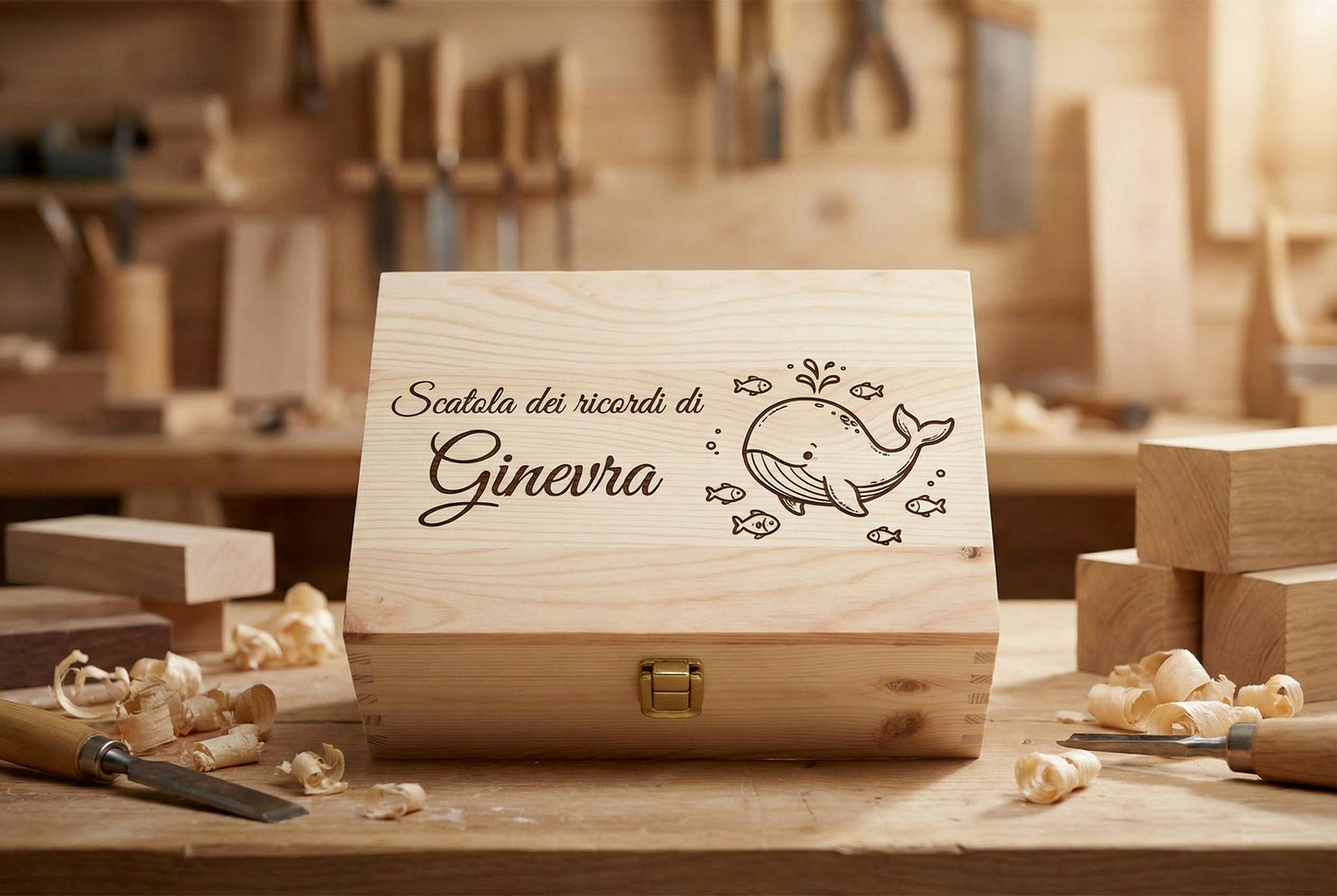 Scatola dei ricordi in legno con incisione laser del nome Ginevra e una balena circondata da pesci, stile dolce e infantile.