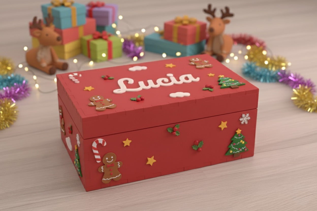 Scatola dei ricordi personalizzata edizione Natalizia 2025. Sono presenti decorazioni natalizie originali disegnate e realizzate dai nostri artigiani Bimbi Unici.