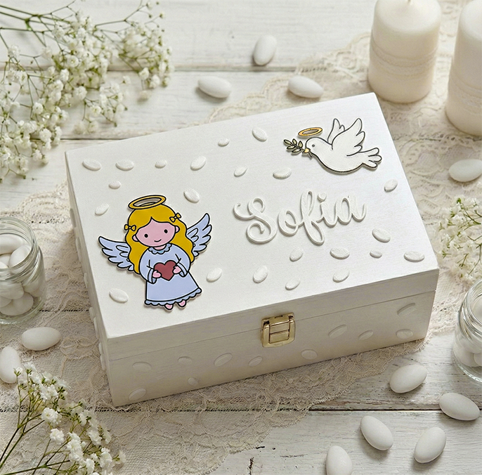 Cofanetto portatunica battesimo personalizzato con angelo rosa e colomba, scatola bianca con nome Sofia