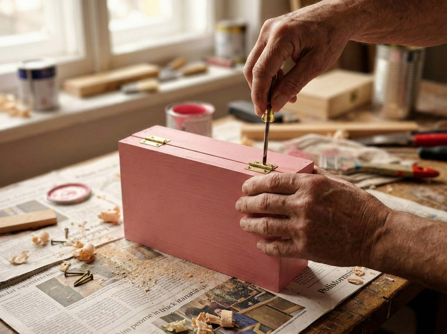 Artigiano che monta le cerniere di una scatola dei ricordi rosa fatta a mano, prodotto artigianale per regalo neonata.
