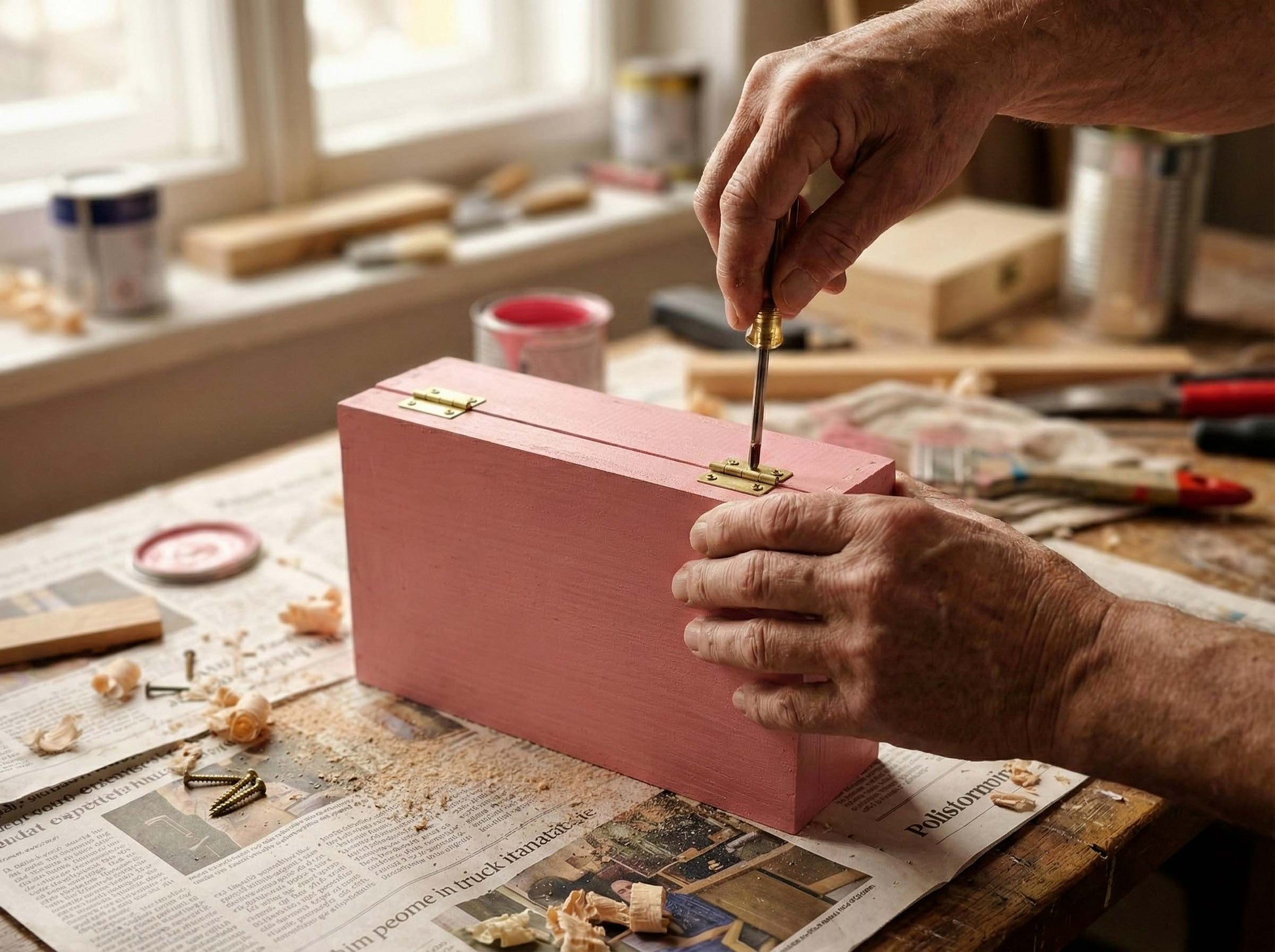 Artigiano che monta le cerniere di una scatola dei ricordi rosa fatta a mano, prodotto artigianale per regalo neonata.