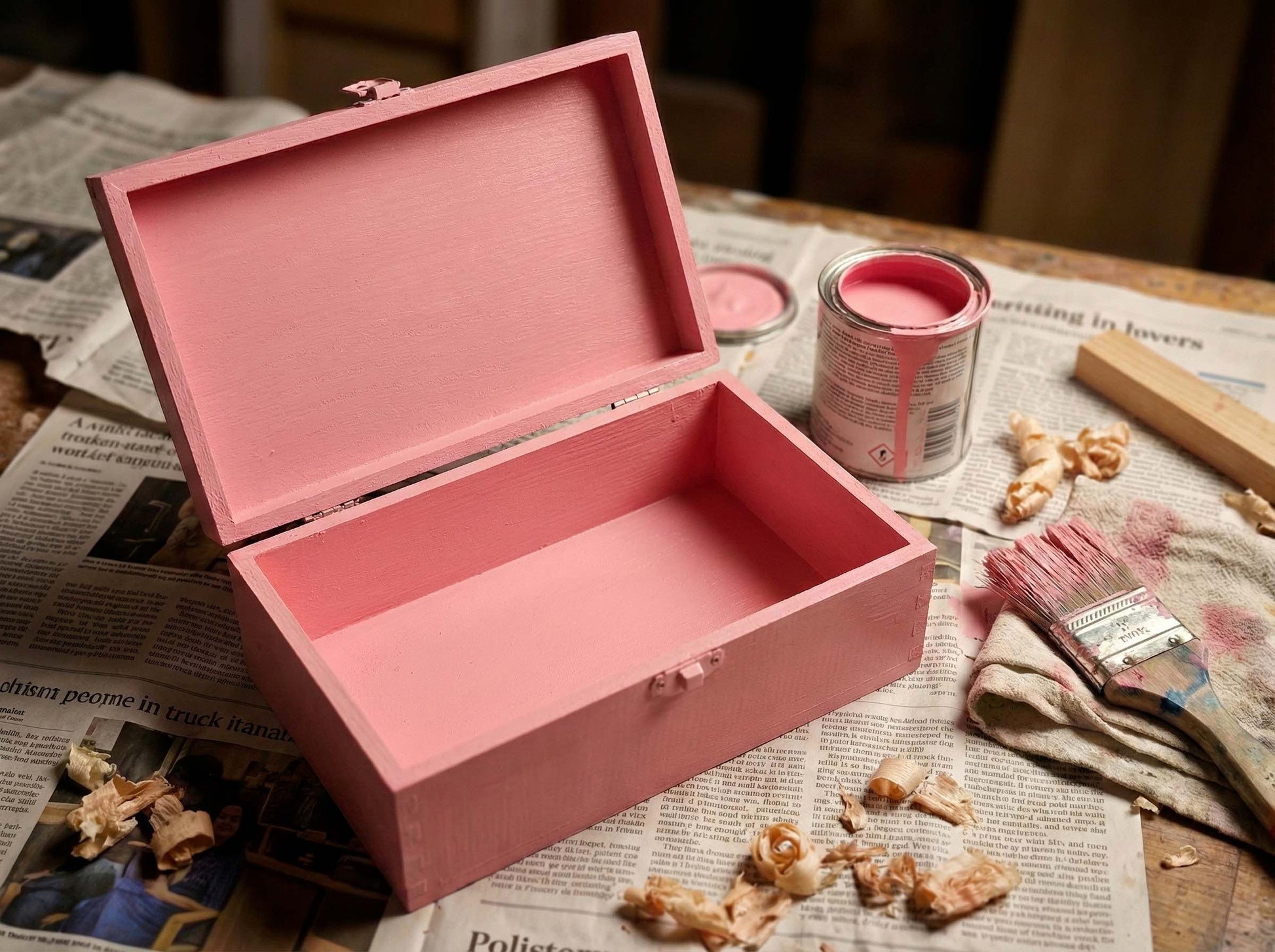 Scatola rosa dipinta a mano, pronta per essere personalizzata come scatola dei ricordi per bimba.