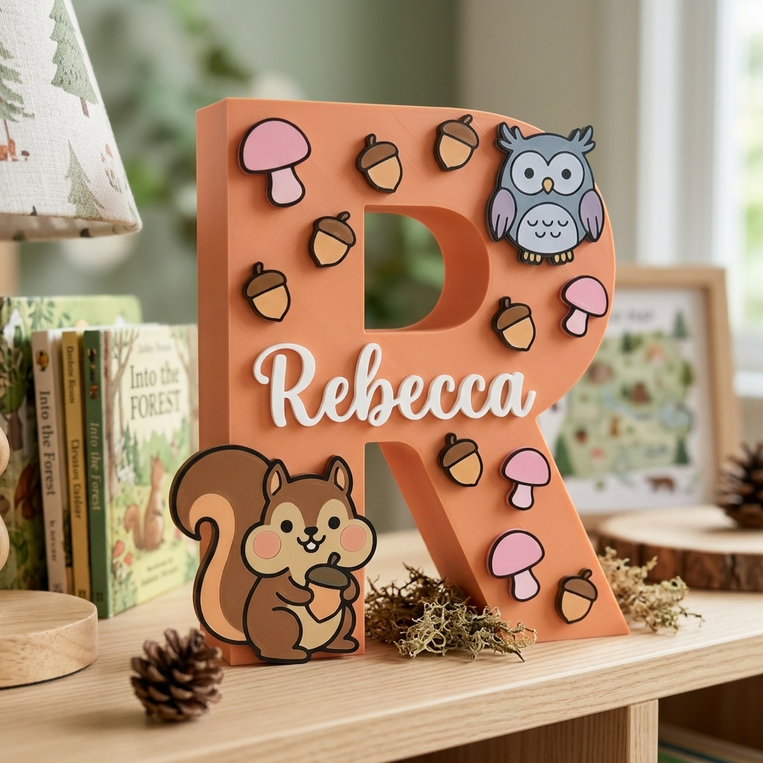 Lettera R decorativa personalizzata con nome Rebecca. Iniziale 3D color pesca a tema bosco per cameretta, con applicazioni in rilievo di scoiattolo, gufo, ghiande e funghi rosa.
