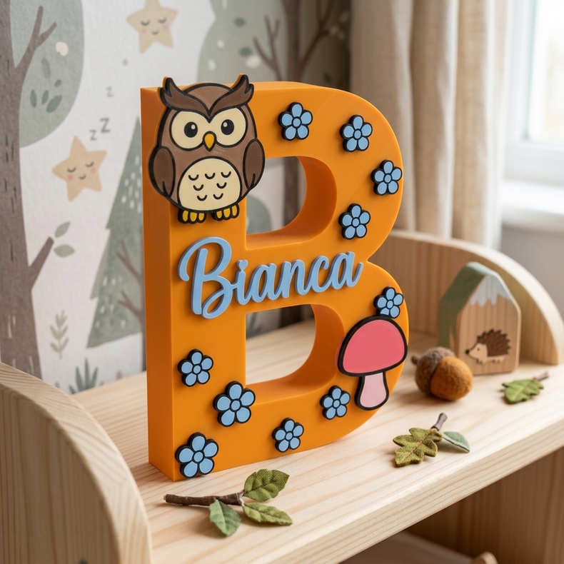 Lettera B arancione decorativa da appoggio personalizzata con il nome Bianca in corsivo azzurro. Decorazione 3D per cameretta a tema bosco con gufo marrone, fungo rosa e piccoli fiori azzurri, posizionata su una mensola di legno.