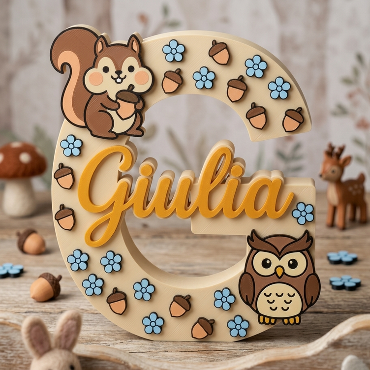 Lettera G iniziale personalizzata in 3D con nome Giulia. Decorazione per cameretta a tema bosco con scoiattolo, gufo, ghiande e fiori azzurri.