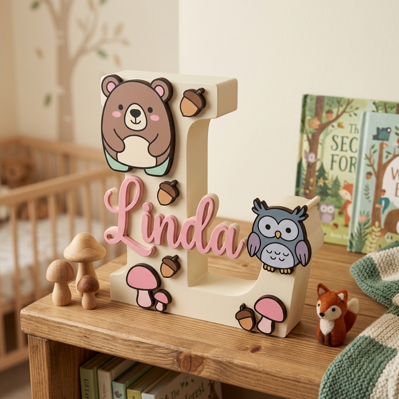 Lettera L in legno personalizzata con nome Linda in corsivo rosa, decorazione per cameretta a tema bosco con dettagli in rilievo di orsetto, gufo, funghi e ghiande.