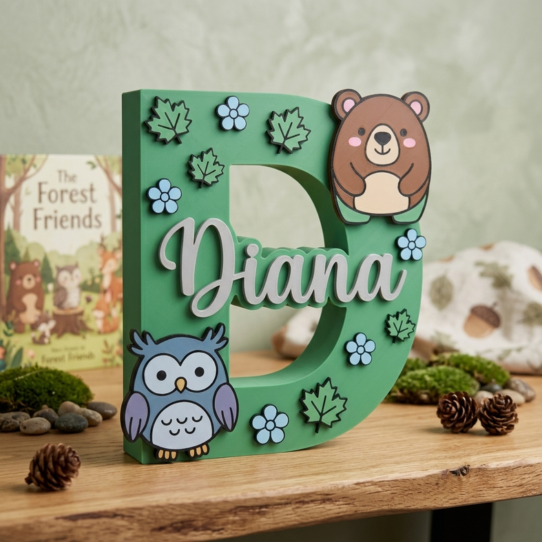 Lettera D iniziale personalizzata con nome Diana in 3D, decorazione verde per cameretta bambini a tema bosco con orsetto, gufo, foglie e fiori.