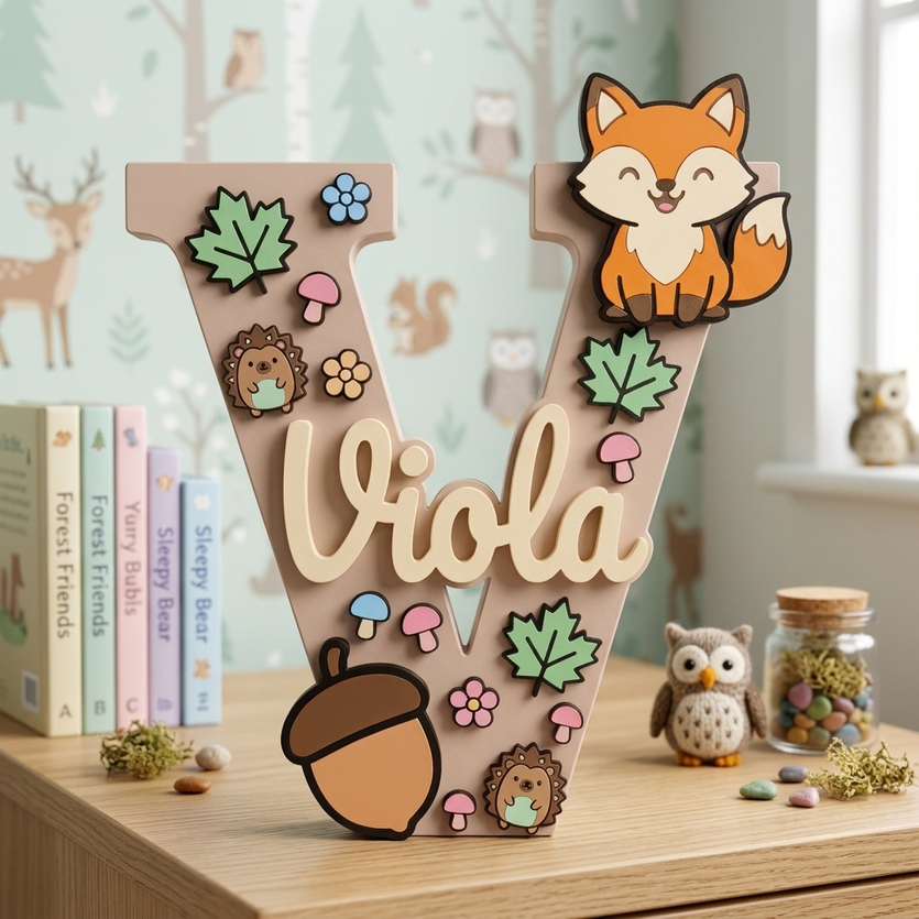 Lettera V in legno personalizzata con il nome Viola, decorazione per cameretta a tema animali del bosco con volpe, ricci, ghianda, funghi e foglie.