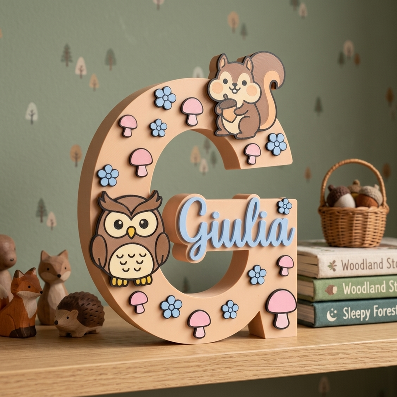 Lettera G in legno personalizzata con nome Giulia, decorazione per cameretta a tema bosco con applicazioni 3D di gufo, scoiattolo, funghi rosa e fiori azzurri.