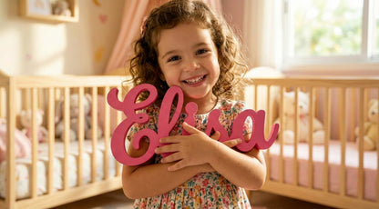 Bambina sorridente in cameretta che tiene una scritta in legno rosa personalizzata con il nome Elisa.