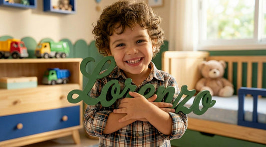 Bambino che abbraccia una scritta in legno verde personalizzata con il nome Lorenzo, in una cameretta decorata.