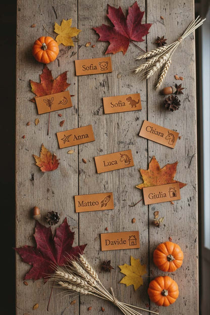 Mostra le trasghette di cuoio personalizzate che vengono attaccate poi al berretto