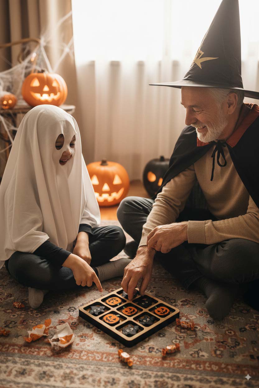 Nonno e nipote giocano al tris di Halloween, edizione speciale di Bimbi Unici