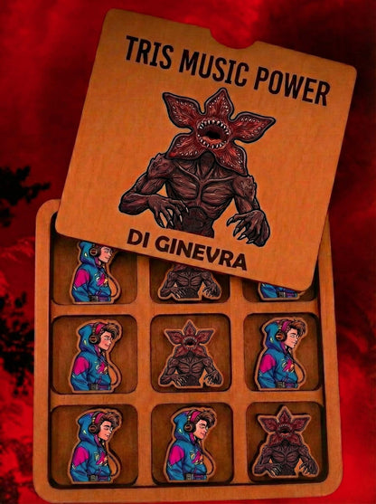 Gioco del tris personalizzato in legno Tris Music Power, con pedine musica vs creatura fantasy, ideale come regalo unico