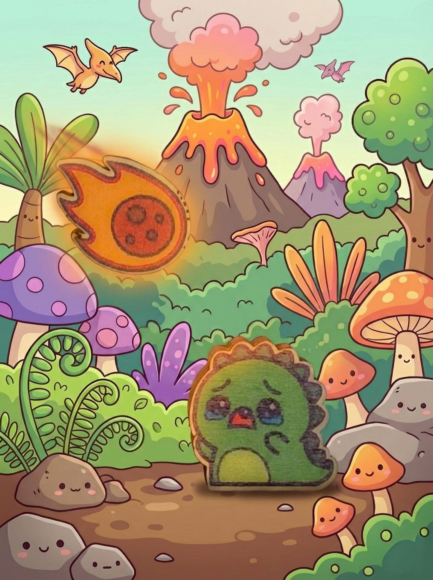 Gioco del tris in legno con dinosauro e meteorite, pedine artigianali personalizzate ambientate in scenario preistorico.