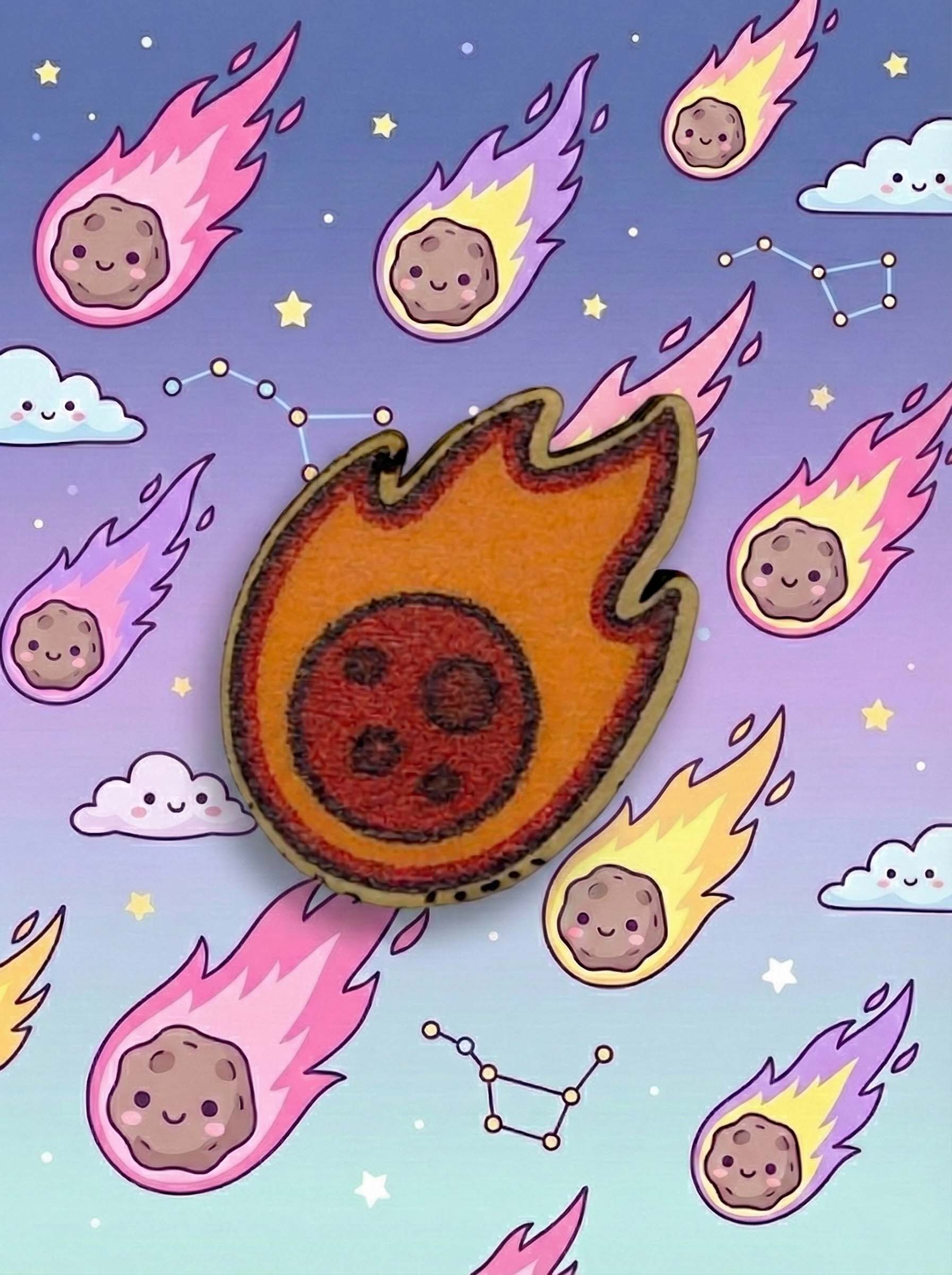 Pedina meteorite del tris personalizzato in legno, stile cartoon, parte del set Tris Apocalypse per bambini