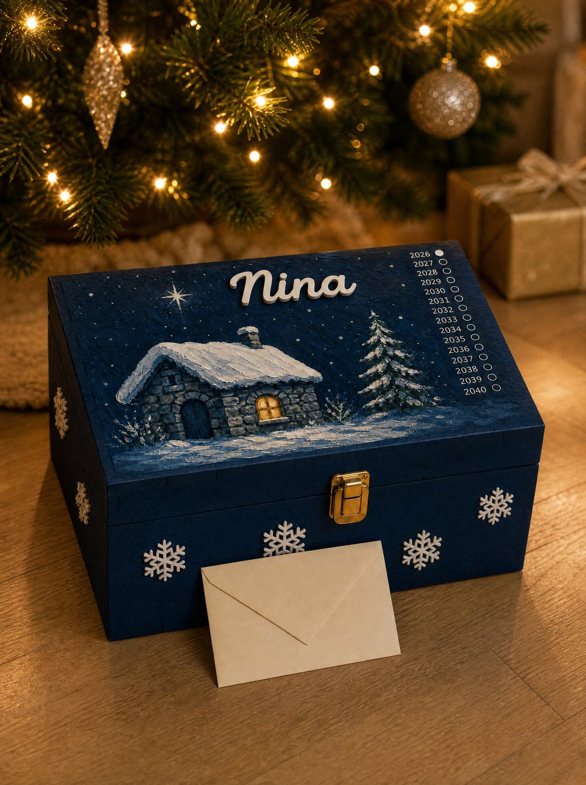 Scatola sotto l'albero di Natale con una busta appoggiata accanto, nome Nina