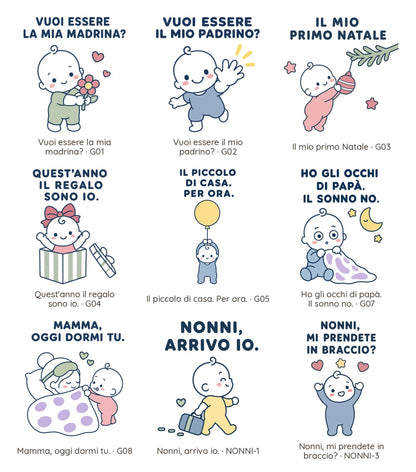 Tavola con le 9 grafiche del body, ognuna una frase con un piccolo disegno: madrina, padrino, Natale, nonni