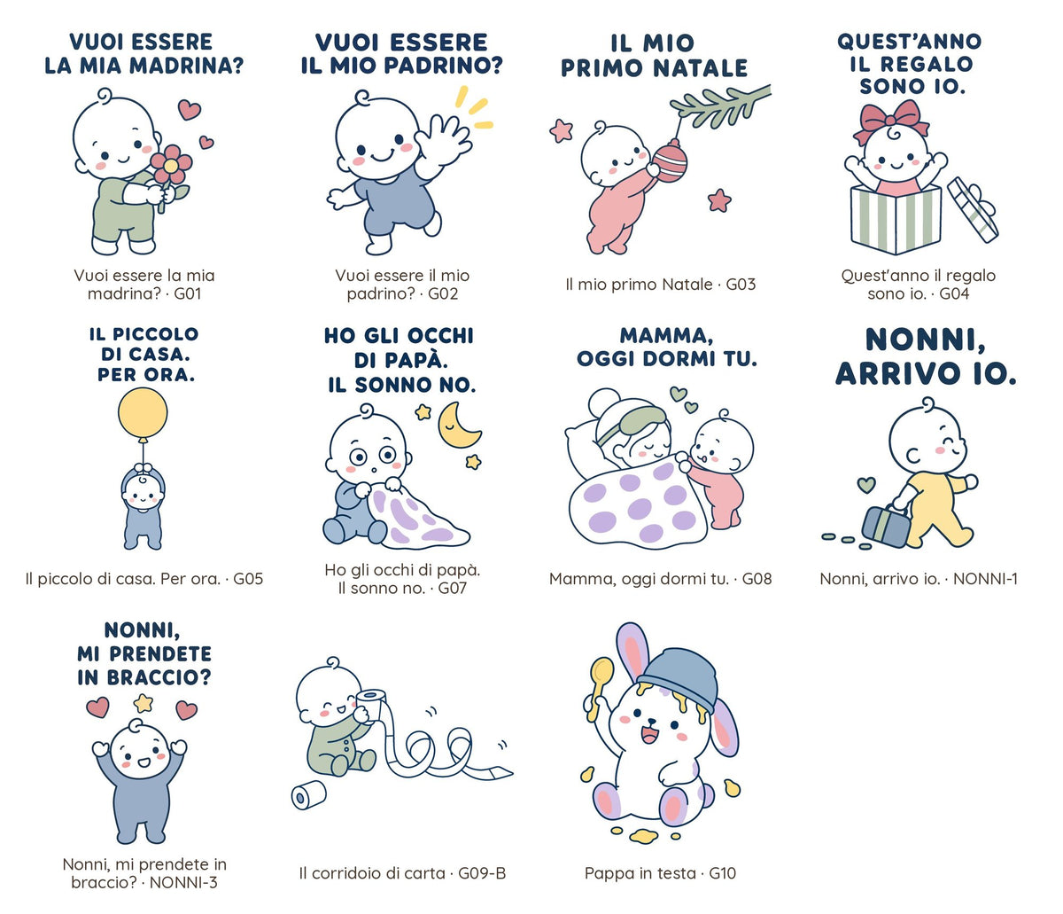 Tavola delle 11 grafiche del body manica lunga: nove frasi illustrate e due scene senza parole