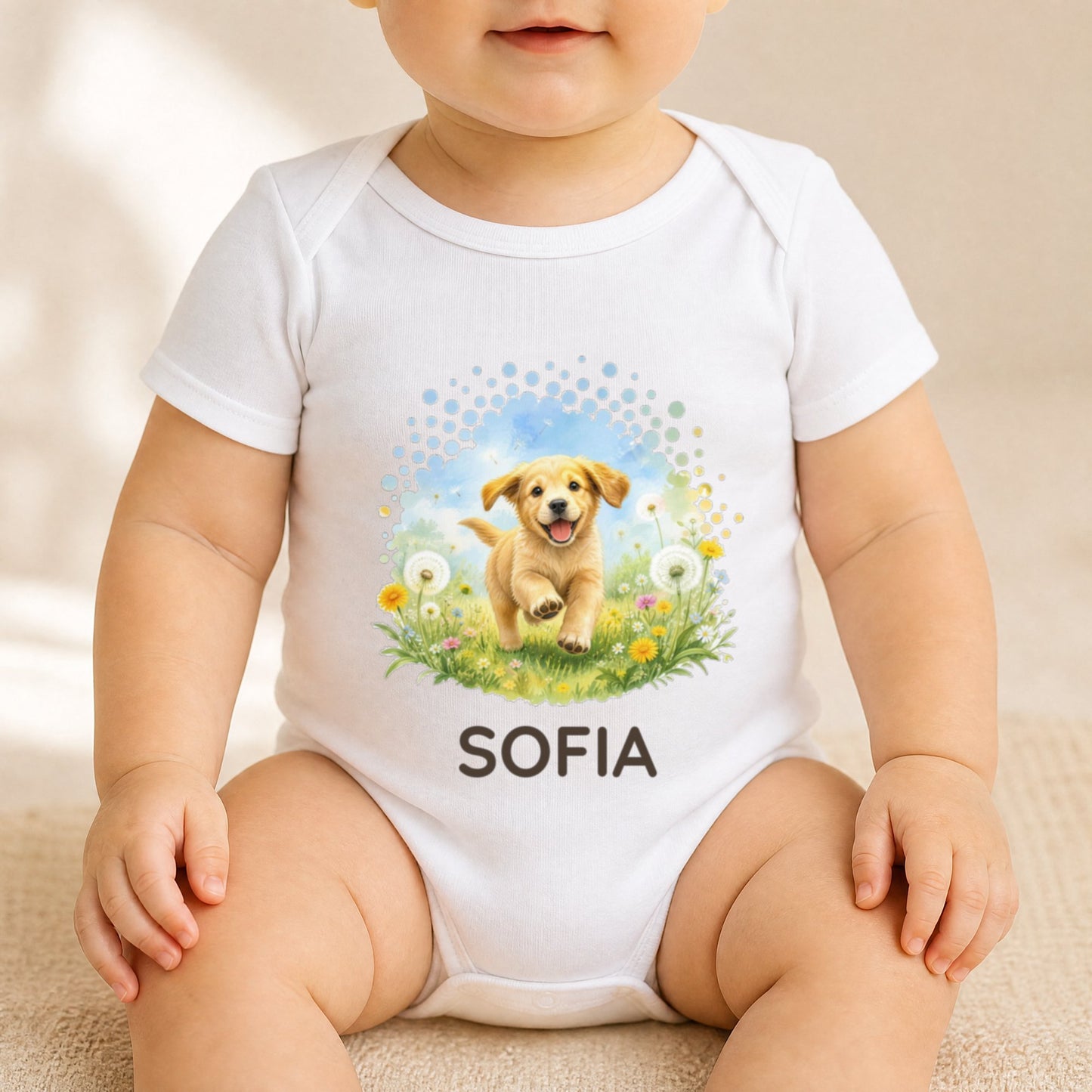 Neonato che indossa il body bianco con un cucciolo e il nome Sofia