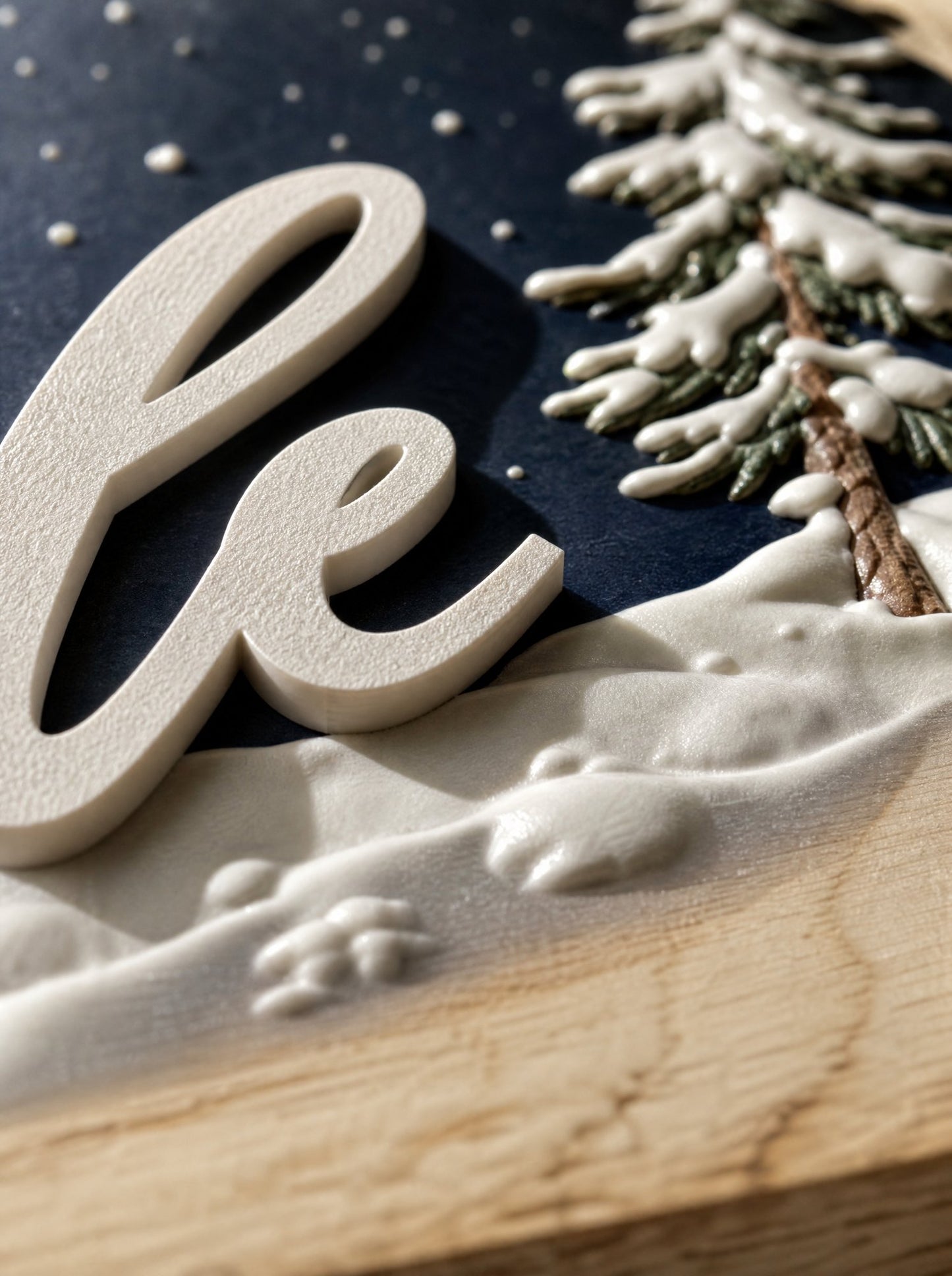 Dettaglio macro del nome in rilievo dal bordo netto, accanto alla texture morbida di neve e abete