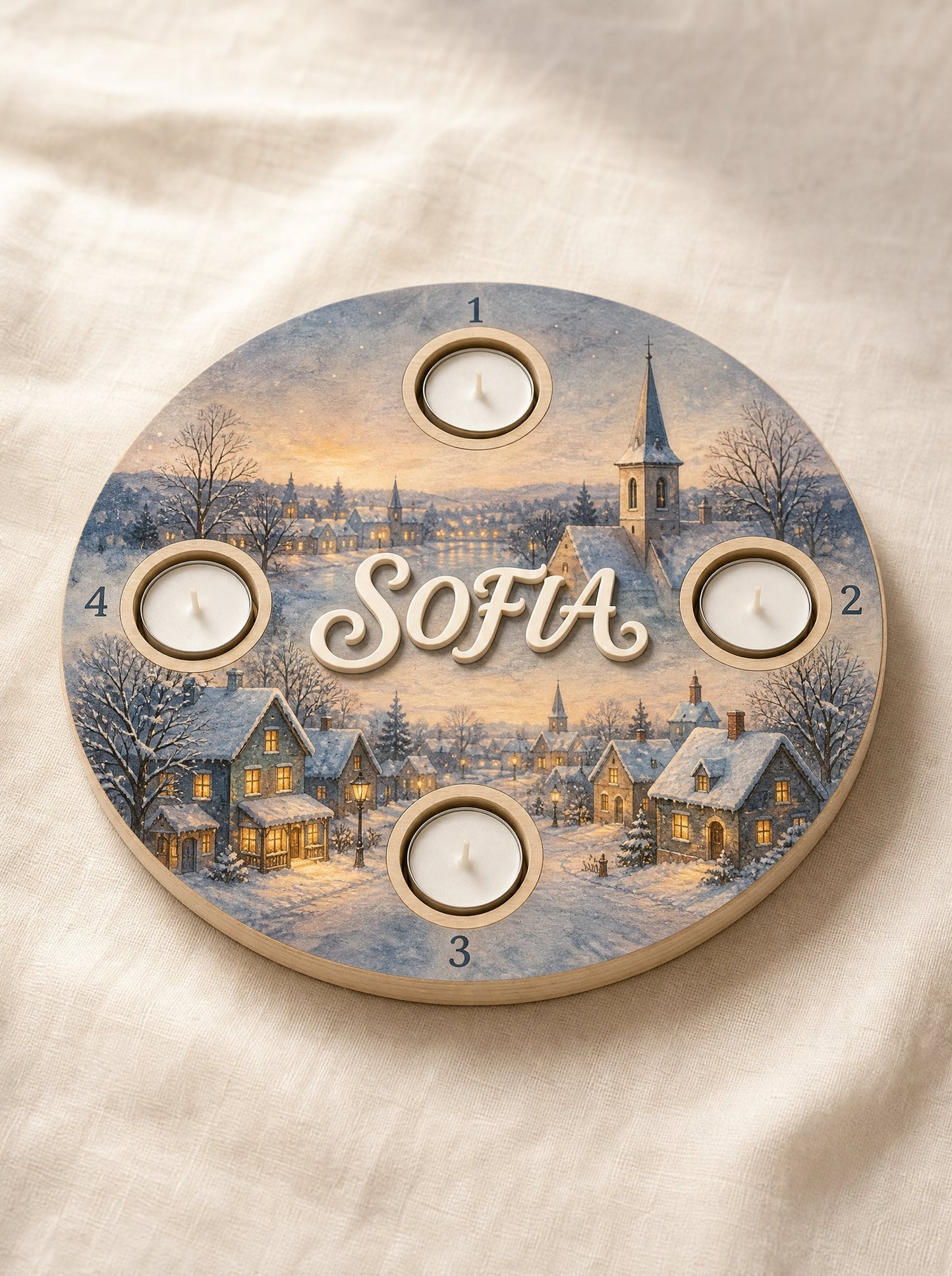 Corona dell'Avvento tema Villaggio innevato con casette illuminate, campanile e tetti innevati