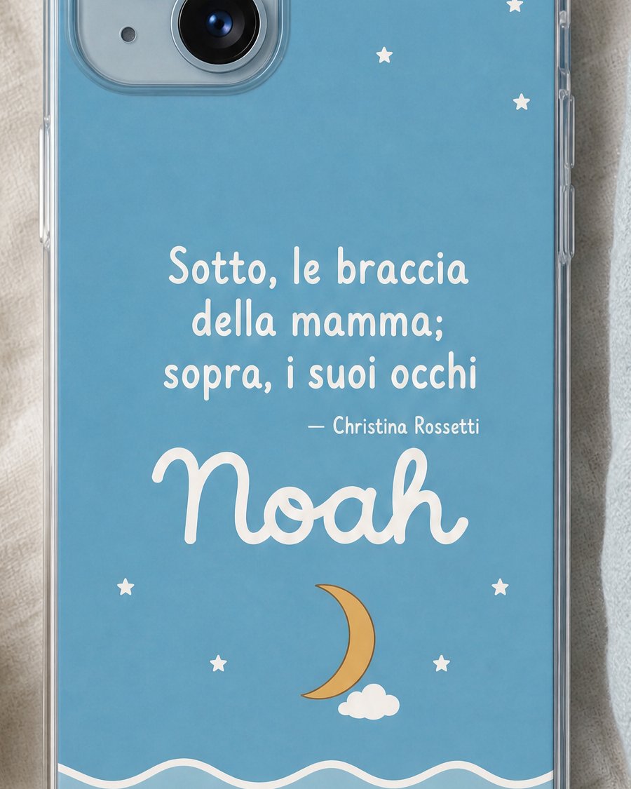 Dettaglio della frase «Sotto, le braccia della mamma; sopra, i suoi occhi» di Christina Rossetti e del nome Noah