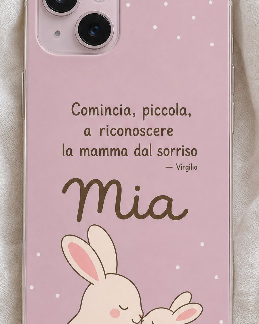 Dettaglio della frase «Comincia, piccola, a riconoscere la mamma dal sorriso» di Virgilio e del nome Mia