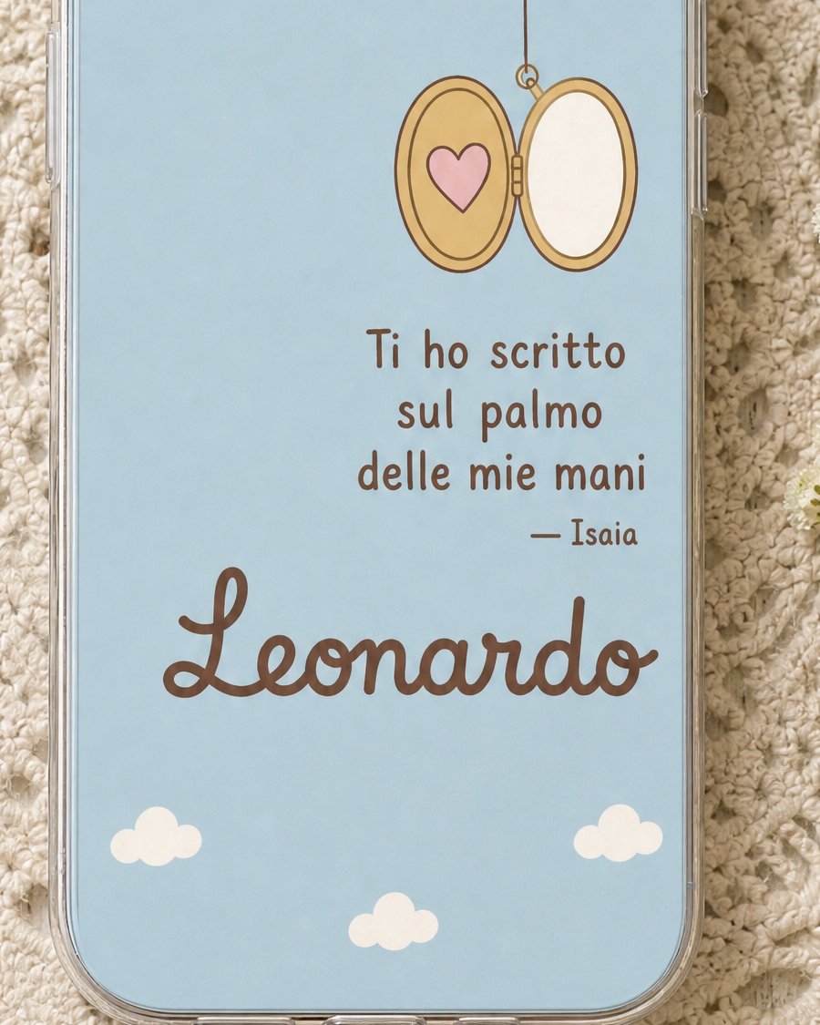 Dettaglio della frase «Ti ho scritto sul palmo delle mie mani» di Isaia e del nome Leonardo