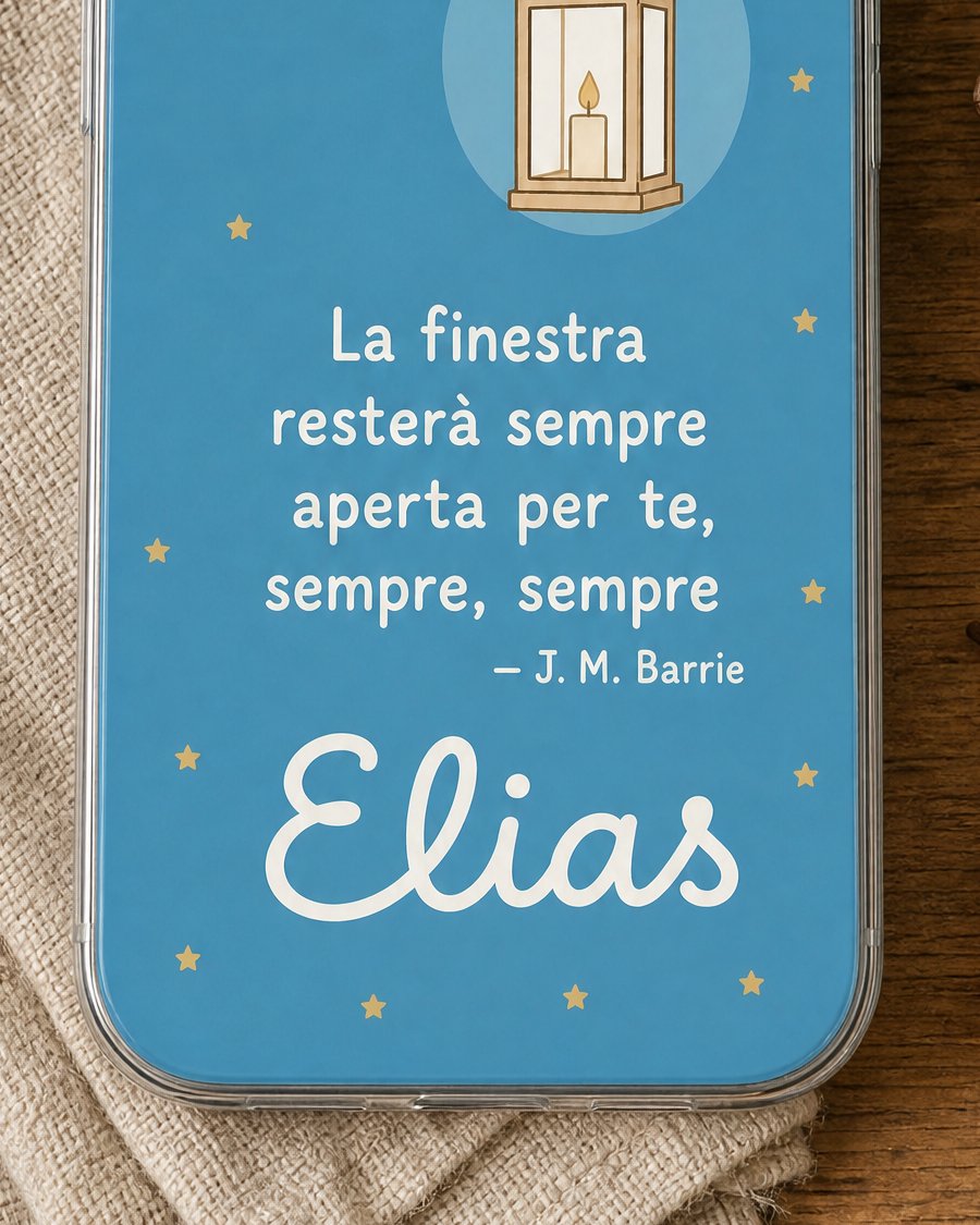 Dettaglio della frase «La finestra resterà sempre aperta per te, sempre, sempre» di J. M. Barrie e del nome Elias