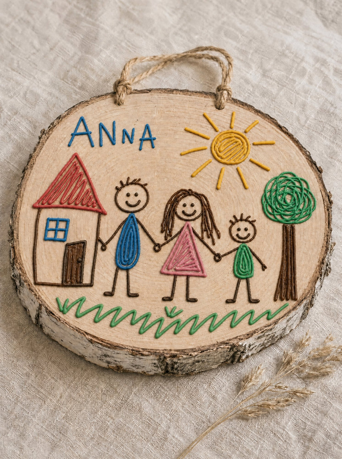 Fetta di tronco con corteccia su lino panna: disegno di Anna con casa, sole e famiglia per mano, nome ANNA scritto in blu