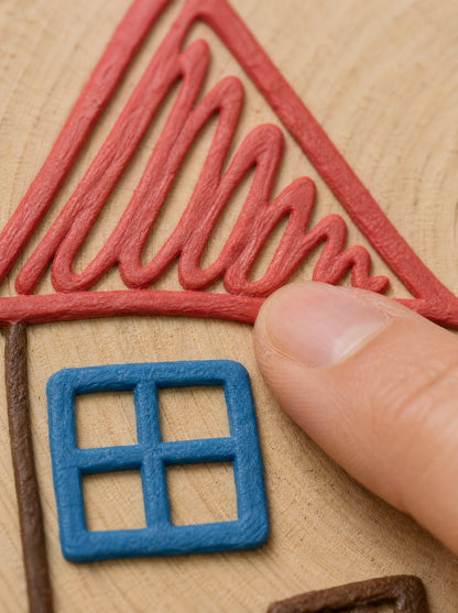 Dito di un adulto sfiora il tratto rosso del tetto: rilievo leggero e venatura del legno in macro