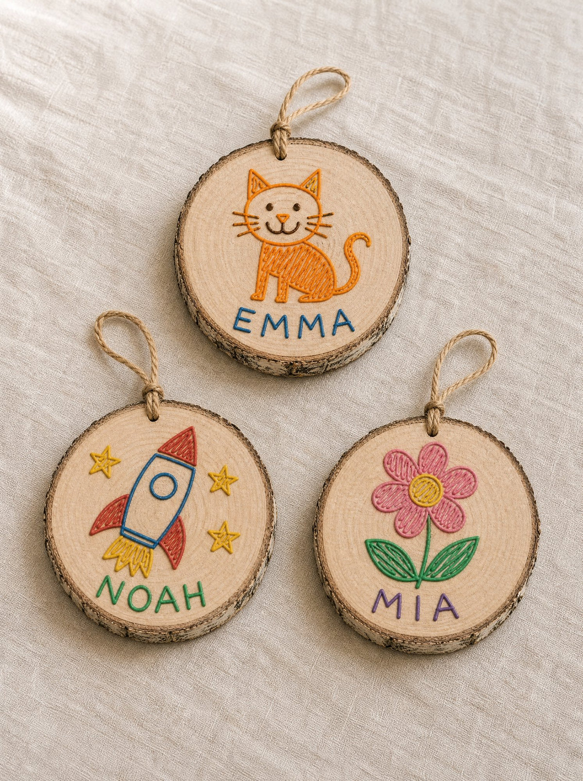 Set di tre fette piccole su lino: gatto di Emma, razzo di Noah e fiore di Mia