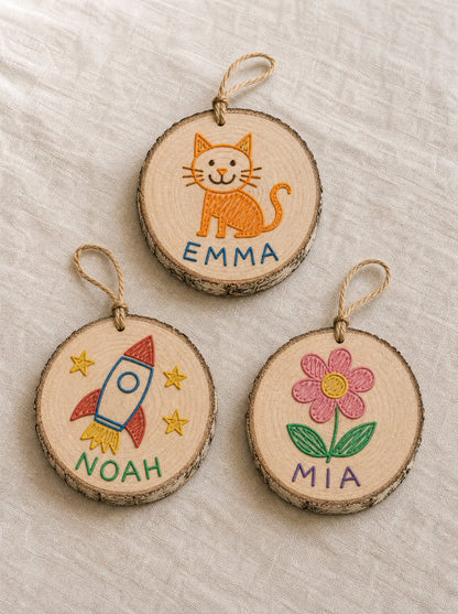 Set di tre fette piccole su lino: gatto di Emma, razzo di Noah e fiore di Mia