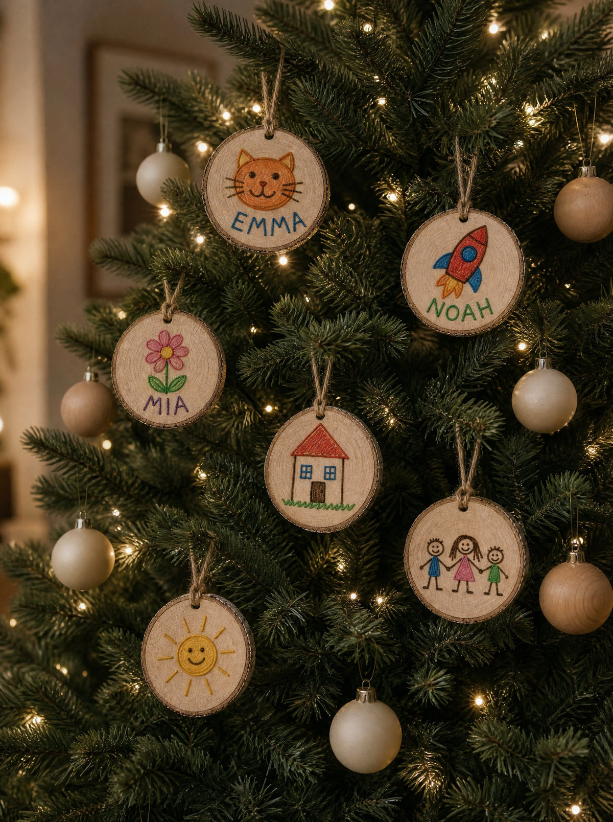 Sei fette piccole di legno appese sull'albero di Natale tra palline e luci calde