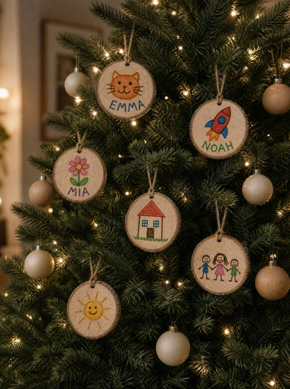 Sei fette piccole di legno appese sull'albero di Natale tra palline e luci calde