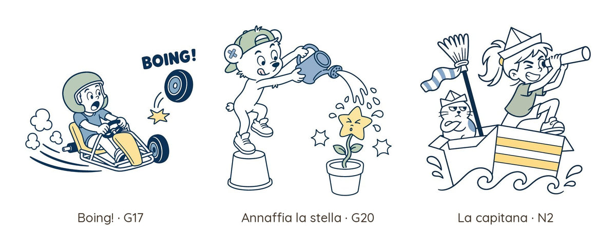 Tavola con le tre grafiche tra cui scegliere: Boing!, Annaffia la stella e La capitana