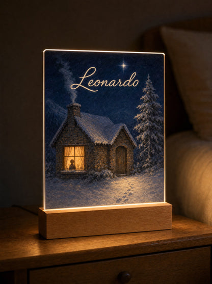 Pannello luminoso acceso su un comodino la sera, scena La casa nel bosco con il nome Leonardo nel cielo