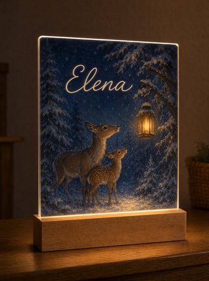 Scena Le renne nella radura con una lanterna appesa all'abete, nome Elena nel cielo notturno
