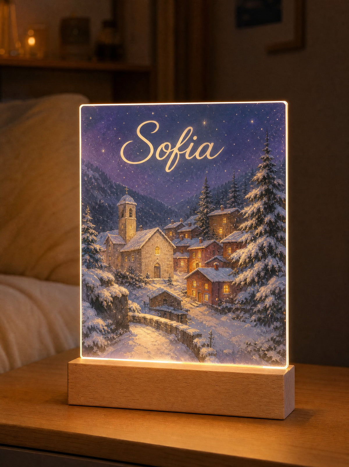 Scena Villaggio nella neve accesa al crepuscolo, campanile e finestre illuminate, nome Sofia