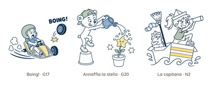 Le tre grafiche: «Boing!» col go-kart, «Annaffia la stella» con l'orsetto, «La capitana» nella barca di cartone