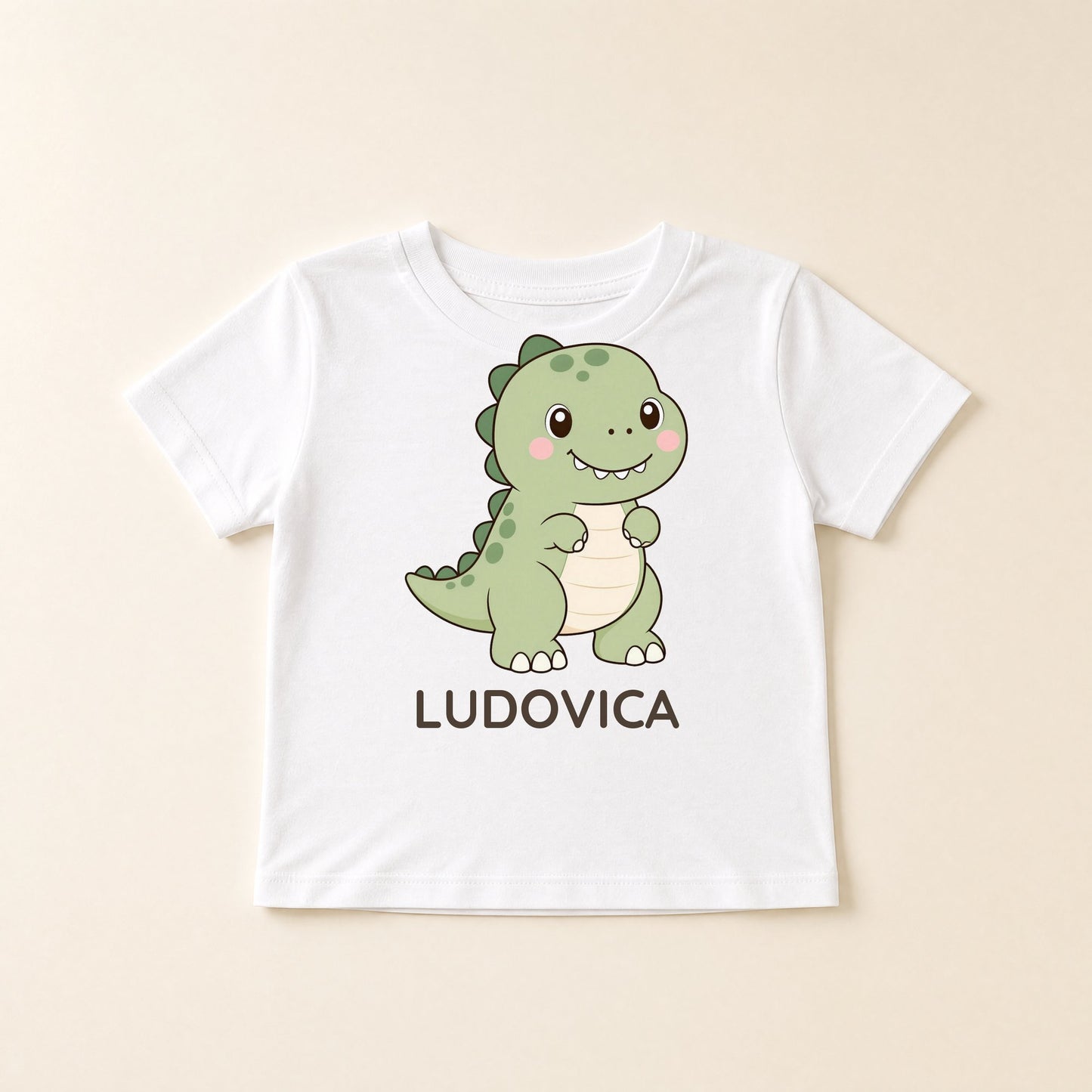 Maglietta bianca con dinosauro kawaii e il nome Ludovica sul petto
