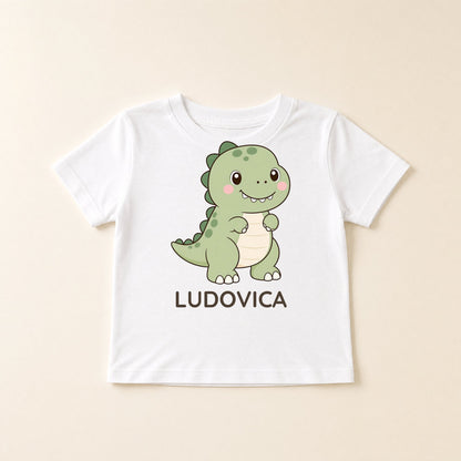 Maglietta bianca con dinosauro kawaii e il nome Ludovica sul petto
