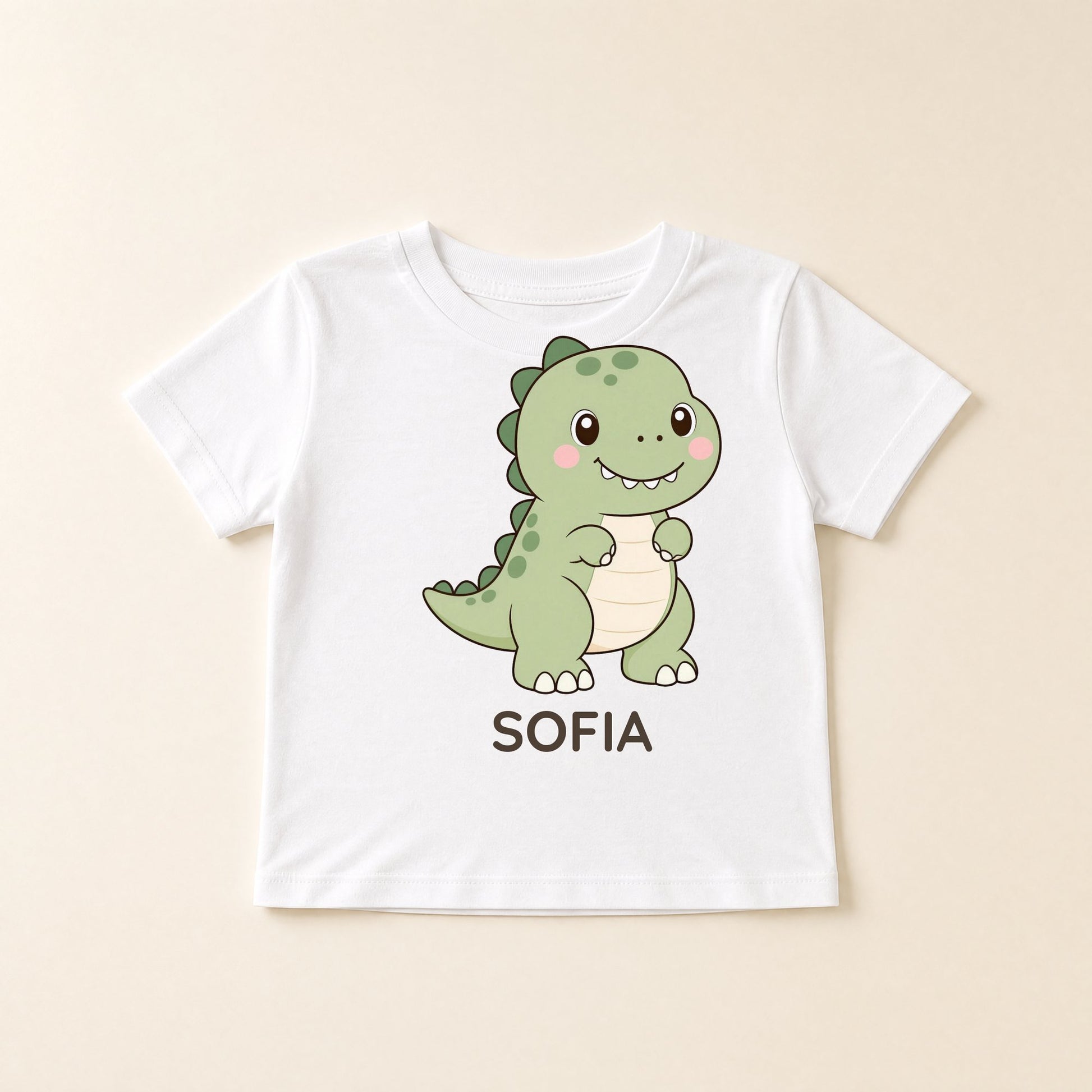 Maglietta bianca distesa con il T-Rex kawaii e il nome Sofia