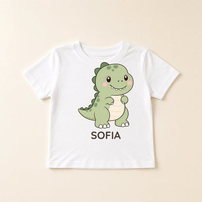 Maglietta bianca distesa con il T-Rex kawaii e il nome Sofia