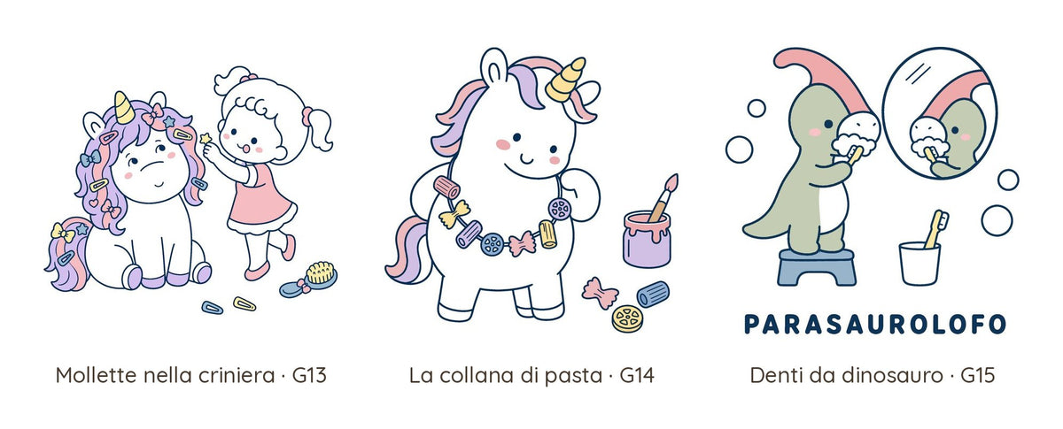 Tavola con le tre grafiche: mollette nella criniera, la collana di pasta, denti da dinosauro