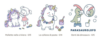 Tavola con le tre grafiche: mollette nella criniera, la collana di pasta, denti da dinosauro