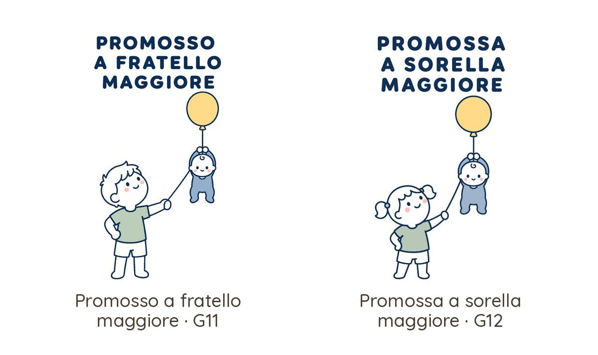 Le due grafiche della maglietta: «Promosso a fratello maggiore» e «Promossa a sorella maggiore»
